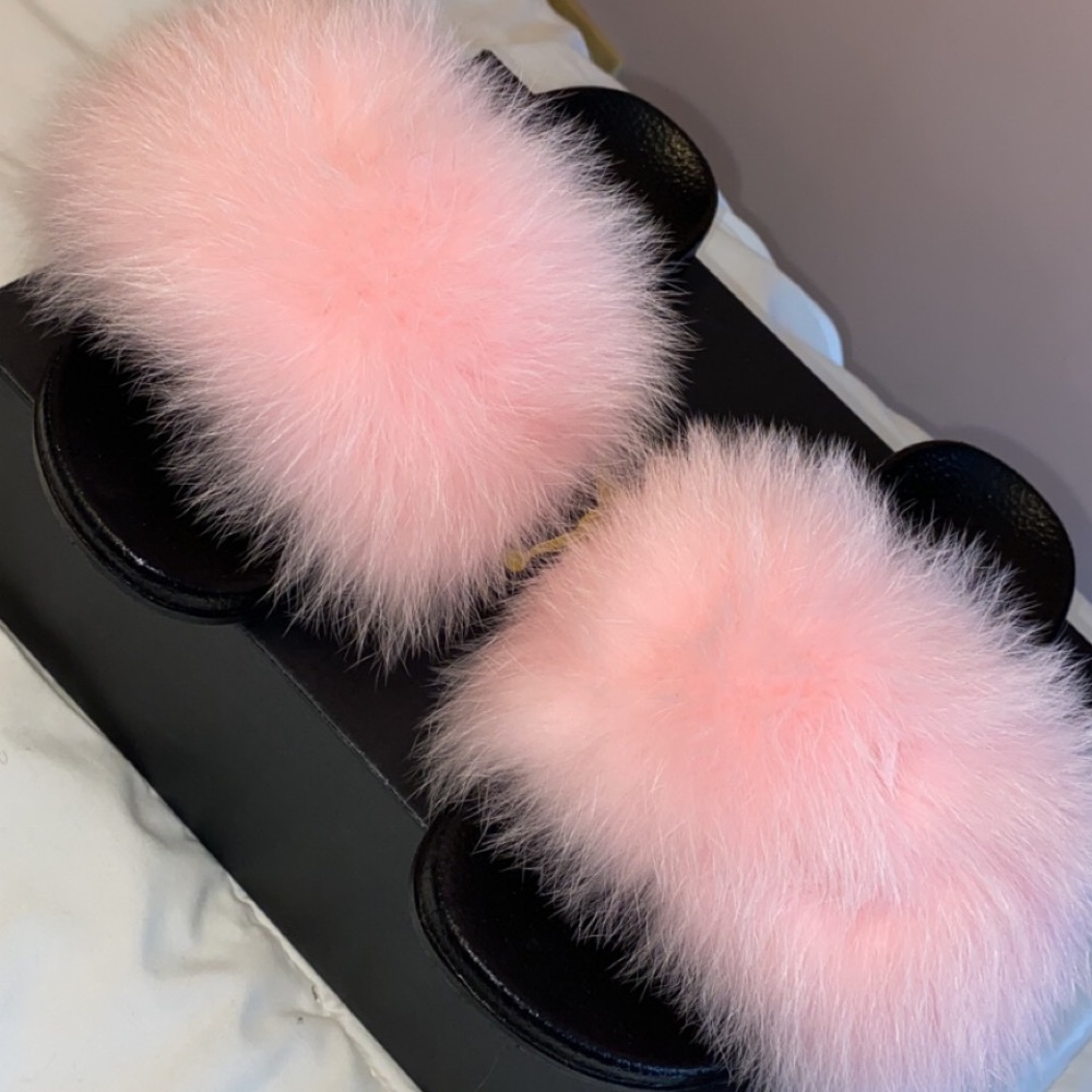 Baby pink fur slides